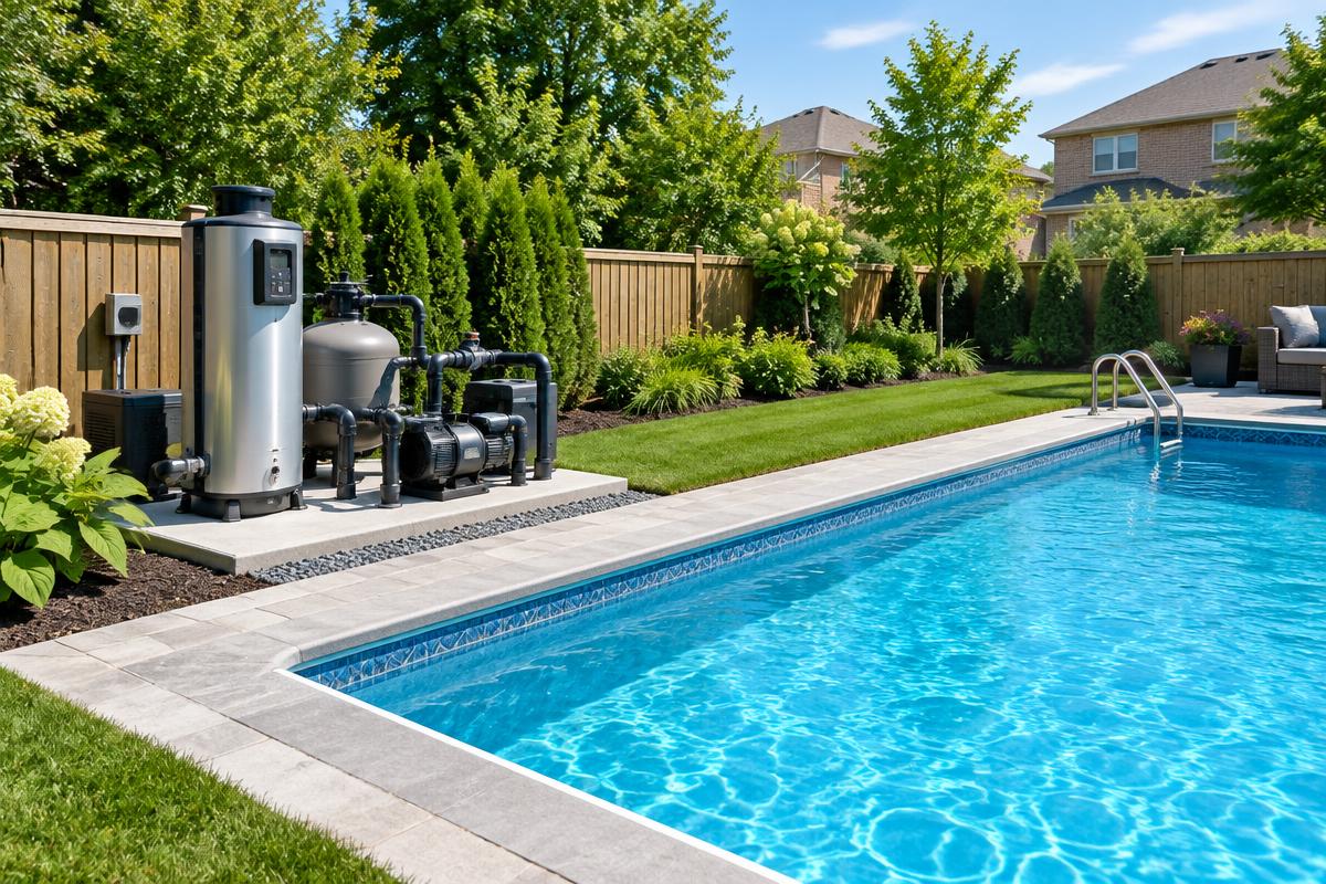 Pool heater, filter and pump installed on an equipment pad beside a clean backyard pool