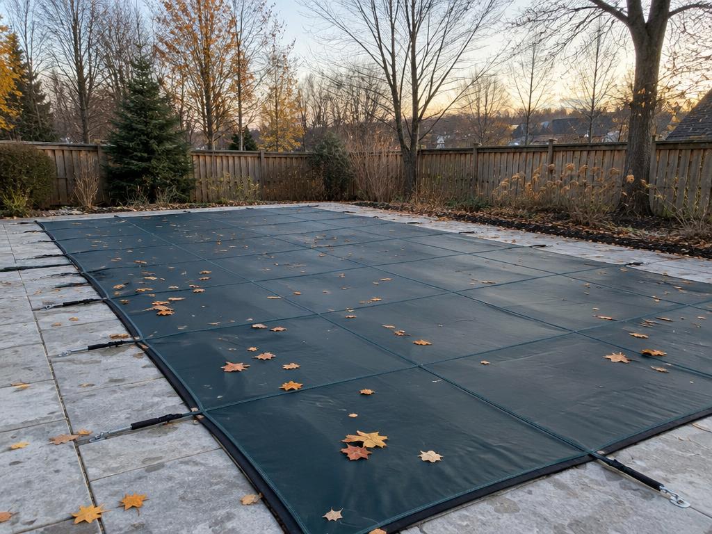 Winter safety cover stretched over a residential pool with autumn leaves on top