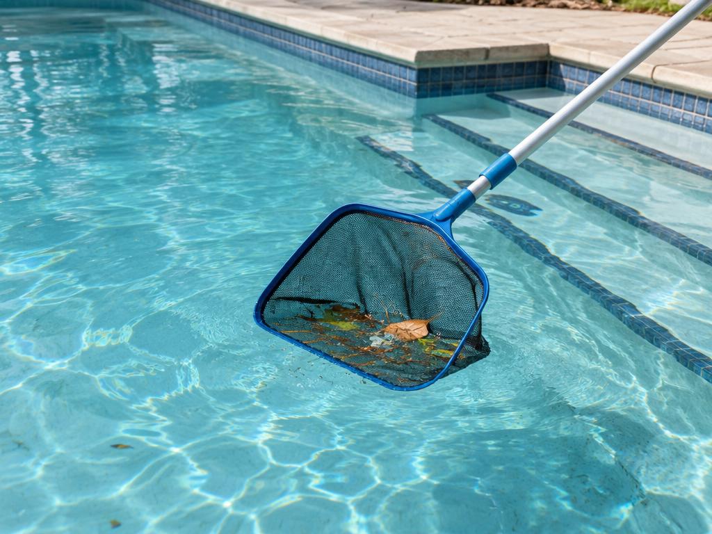 Skimmer net lifting debris from the surface of a clear residential swimming pool